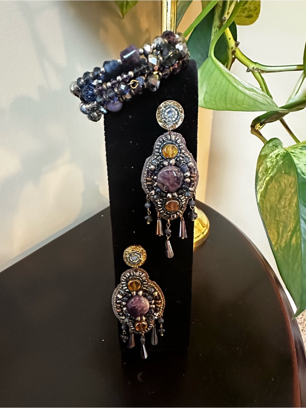 Chico's Purple and Gold Beaded Drop Earrings